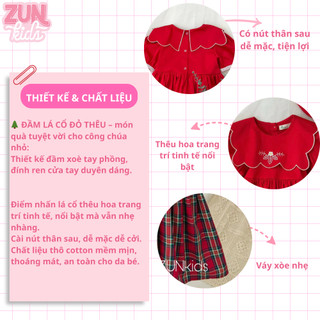 Đầm Bé Gái Lá Cổ Đỏ Thêu Hoa – Váy Xòe Tay Phồng Đính Ren, Cotton Mềm Mịn