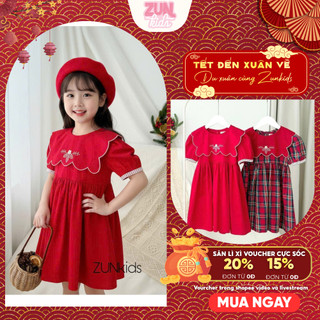 Đầm Bé Gái Lá Cổ Đỏ Thêu Hoa – Váy Xòe Tay Phồng Đính Ren, Cotton Mềm Mịn