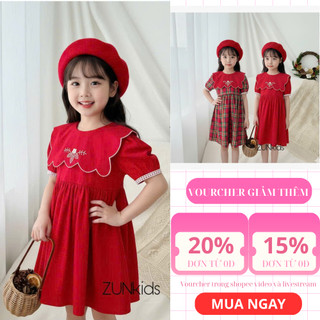 Đầm Bé Gái Lá Cổ Đỏ Thêu Hoa – Váy Xòe Tay Phồng Đính Ren, Cotton Mềm Mịn