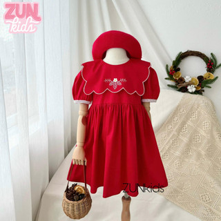 Đầm Bé Gái Lá Cổ Đỏ Thêu Hoa – Váy Xòe Tay Phồng Đính Ren, Cotton Mềm Mịn