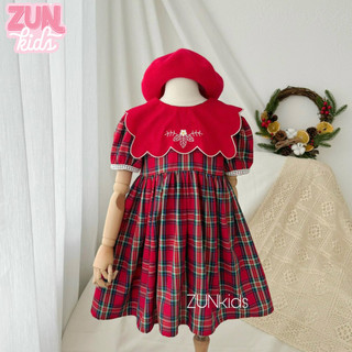 Đầm Bé Gái Lá Cổ Đỏ Thêu Hoa – Váy Xòe Tay Phồng Đính Ren, Cotton Mềm Mịn