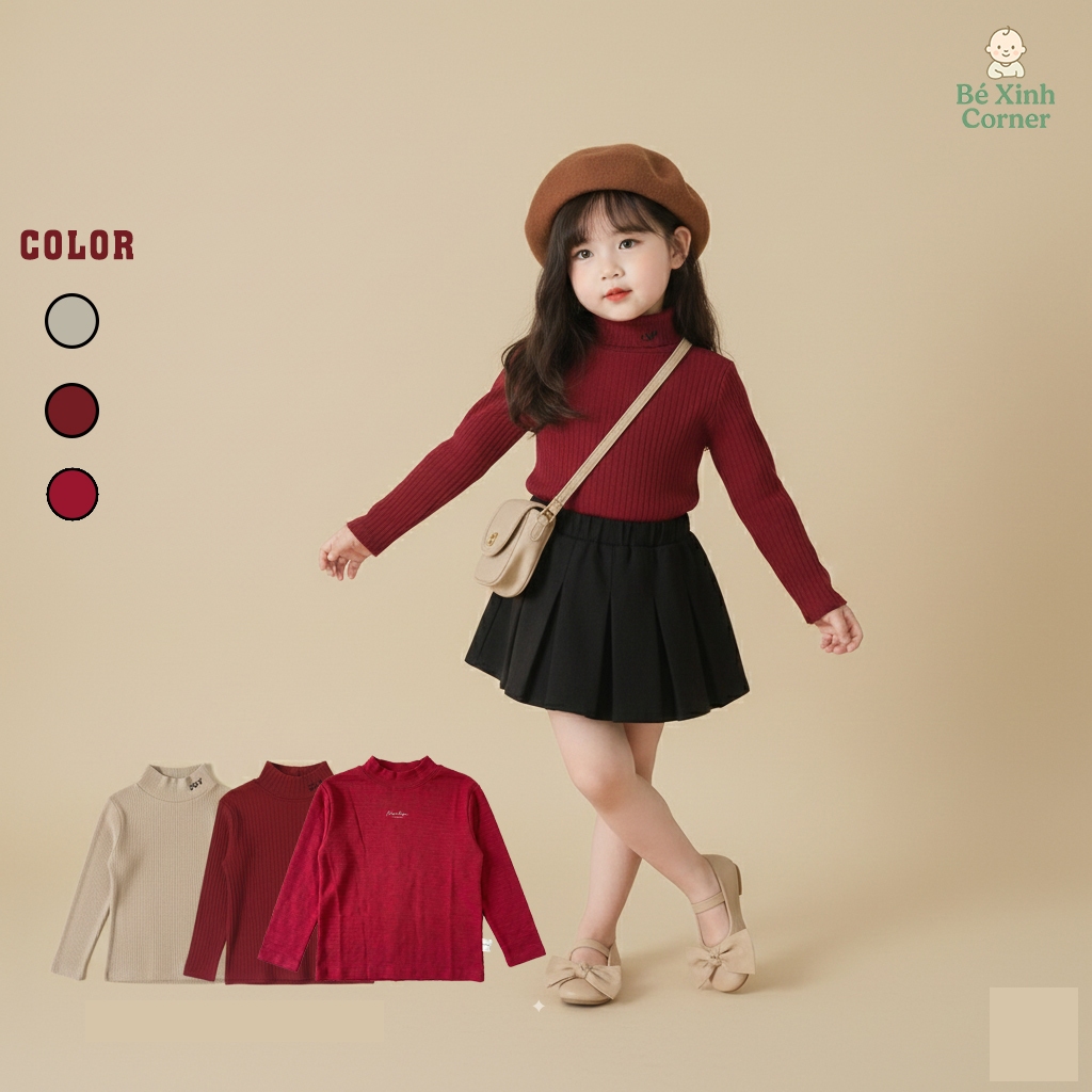 Bé Xinh Corner | Áo len tăm giữ nhiệt cho bé, phong cách Hàn Quốc, cổ áo cao 3cm giữ ấm
