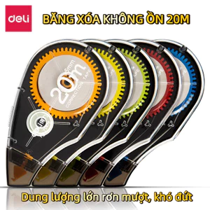 Băng Xóa Deli Không Ồn 20m – PET Bền, Nhỏ Gọn, Dùng Khi Học