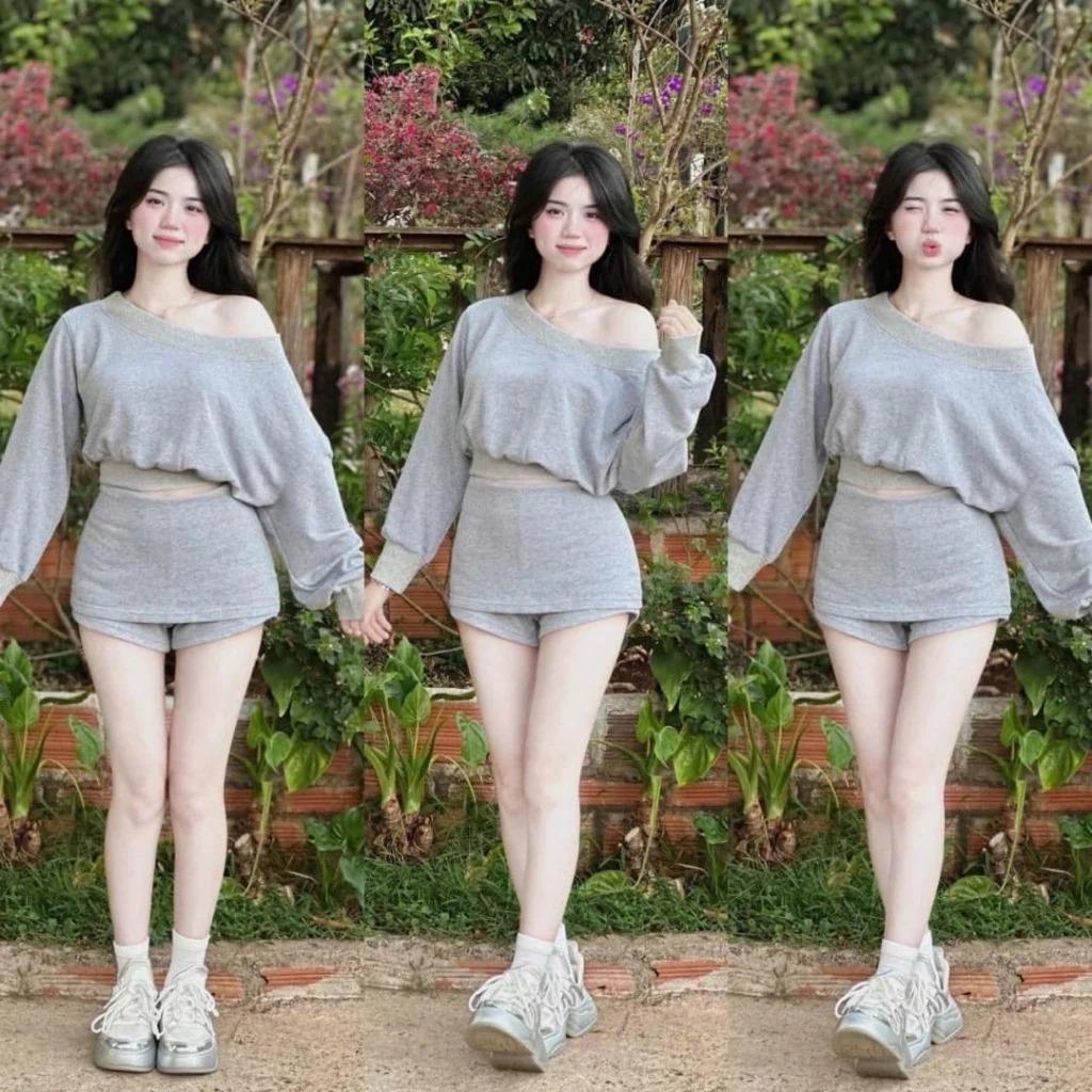 Sét Áo Xám Trơn  Trễ vai phối kèm chân váy Xếp Ly Sang chảnh Chất Nỉ 2 da dày dặn