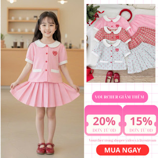 Set Áo Thêu Trước Ngực Và Chân Váy Xếp Li Cho Bé Gái AZB607 - Chất Cotton Mềm Nhẹ, Thoải Mái