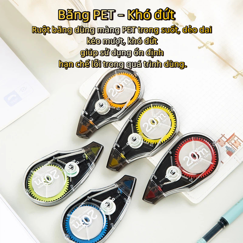 Băng Xóa Deli Không Ồn 20m – PET Bền, Nhỏ Gọn, Dùng Khi Học