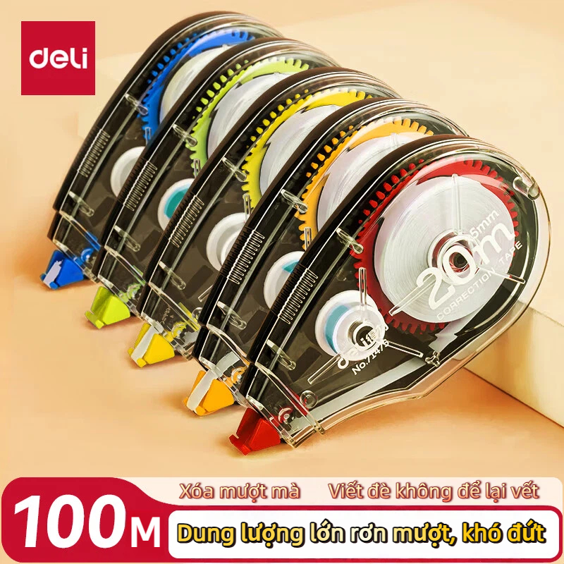 Băng Xóa Deli Không Ồn 20m – PET Bền, Nhỏ Gọn, Dùng Khi Học