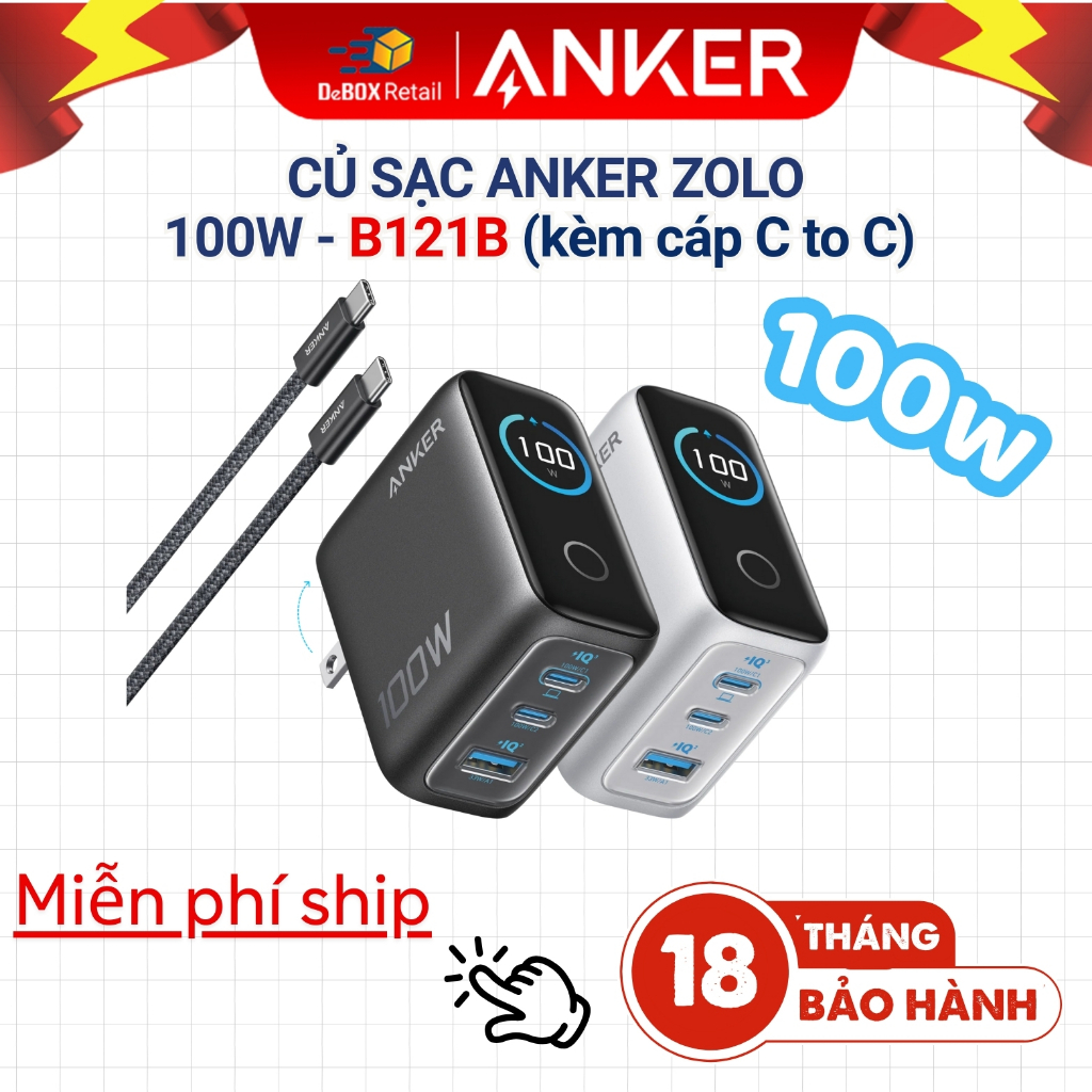 Bộ Sạc nhanh ANKER Zolo 100W GaN Màn hình AI thông minh cảm 2C1A (kèm ...