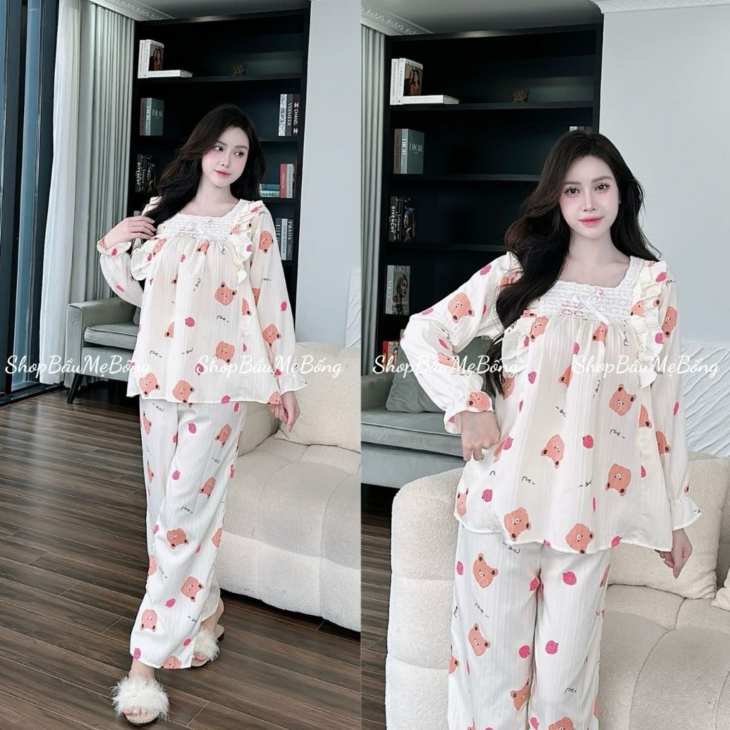 Bộ bầu-bộ sau sinh - BỘ DÀI ĐŨI GÂN HÌNH CỔ VUÔNG REN - 13 Màu, Áo Có Khoá Kéo Hai Bên & Quần Có Chun Chỉnh 💥GIÁ ƯU ĐÃI💥