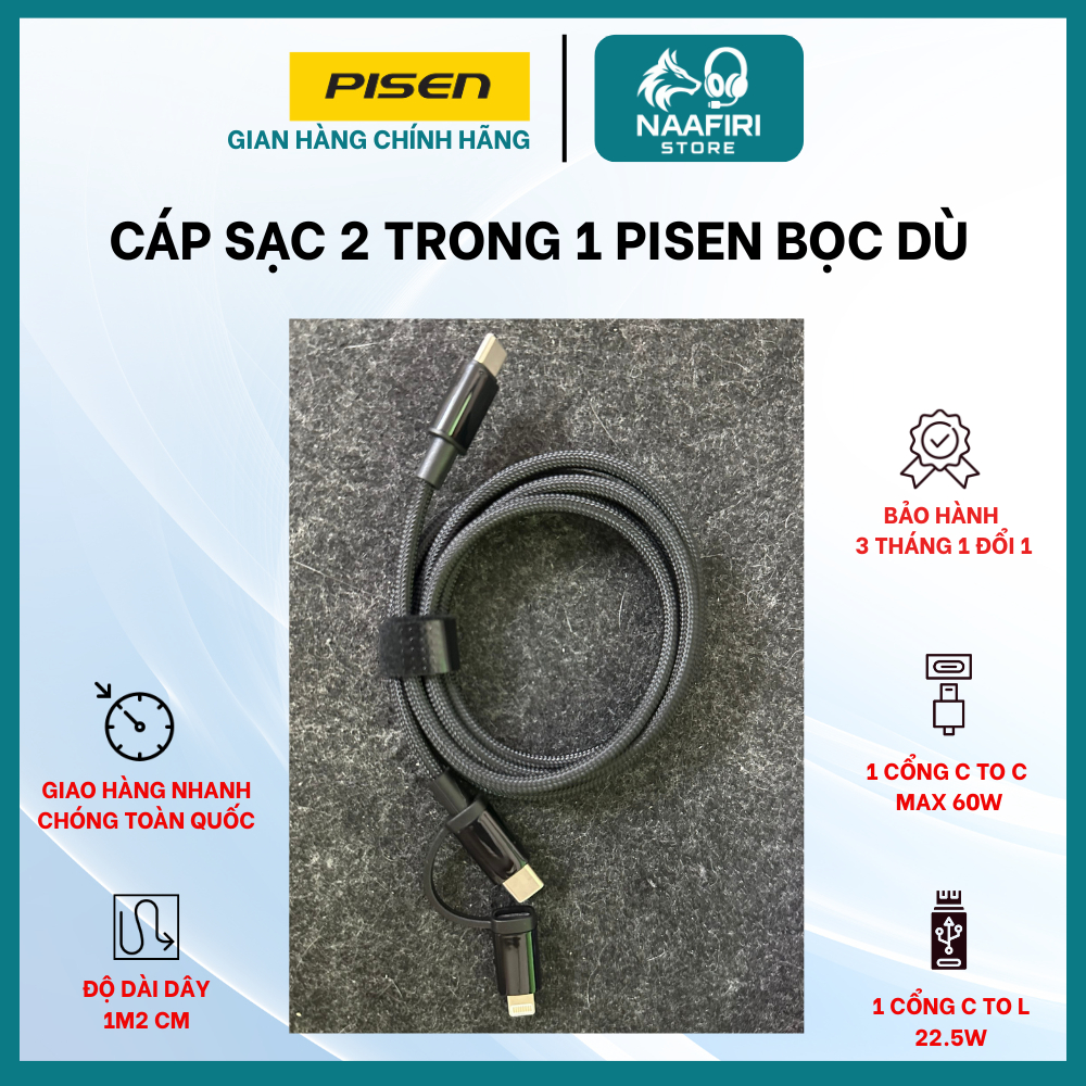 Cáp Sạc 2 Trong 1 Pisen Bọc Dù 1M2 - C To L - C To C - Công Suất Max 60W