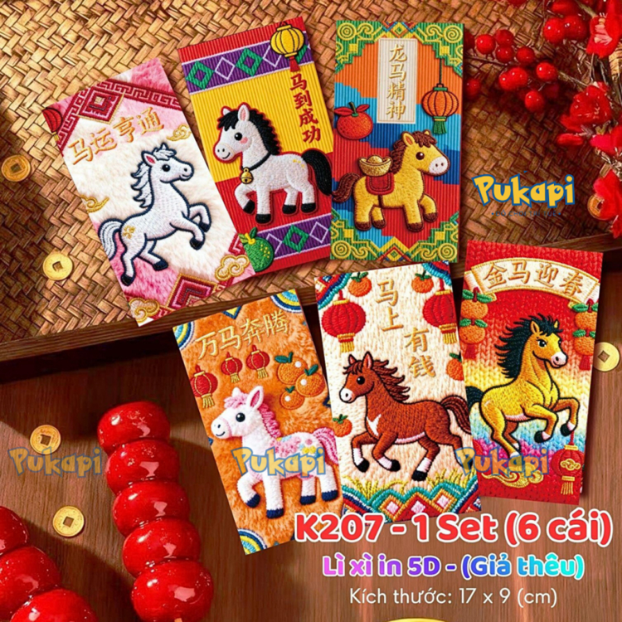 Bao Lì Xì Giả Thêu In 5D Giả Thổ Cẩm Thần Tài Ngựa Tết Nguyên Đán 2026- Đồ Chơi Cho Bé PUKAPI