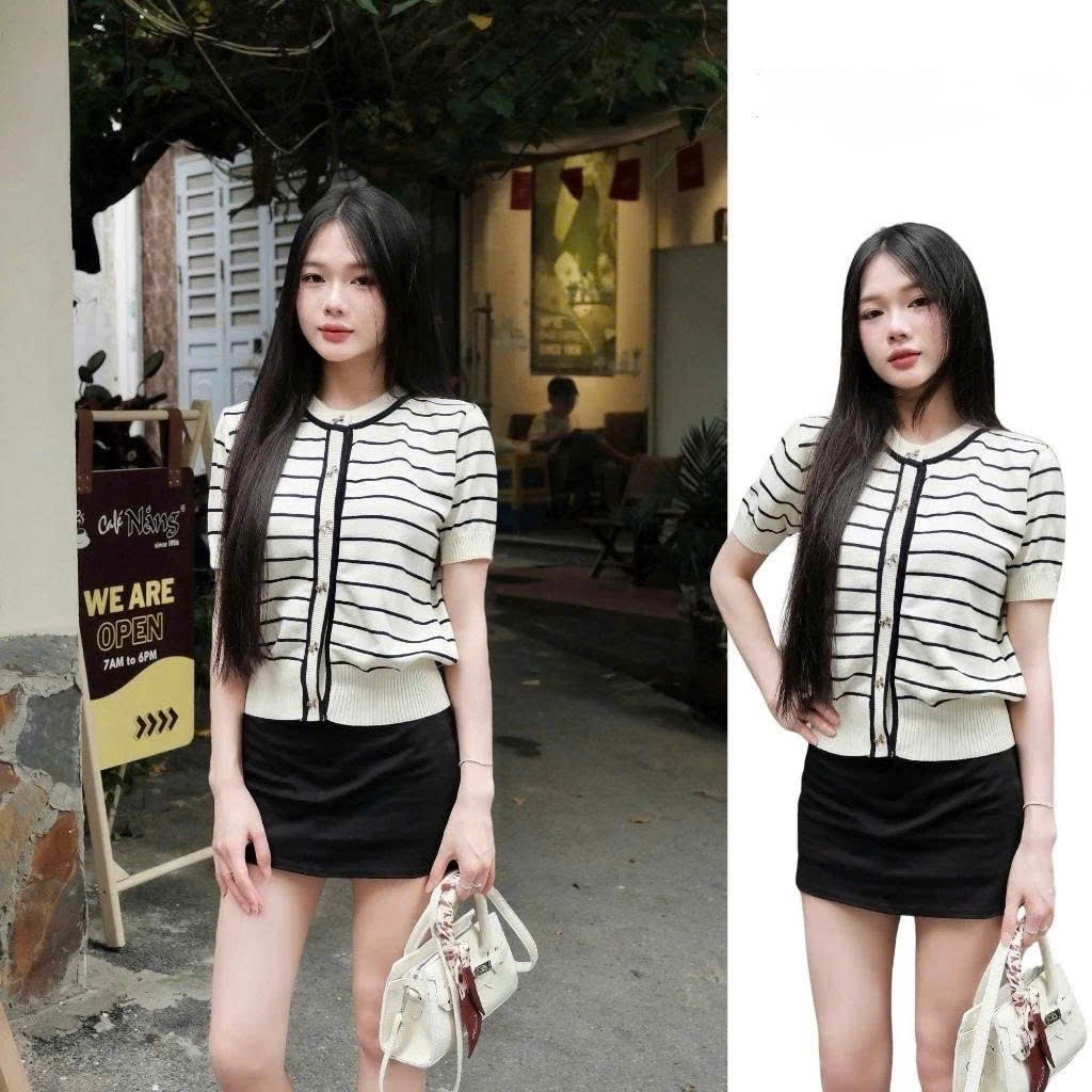 (DEAL Mở Bán) // Áo Len Kẻ Ngang Cúc Đính Nơ Siêu Sang Viber Tiểu Thư Tỷ Tỷ Trung, Áo len nhẹ nhàng HT21