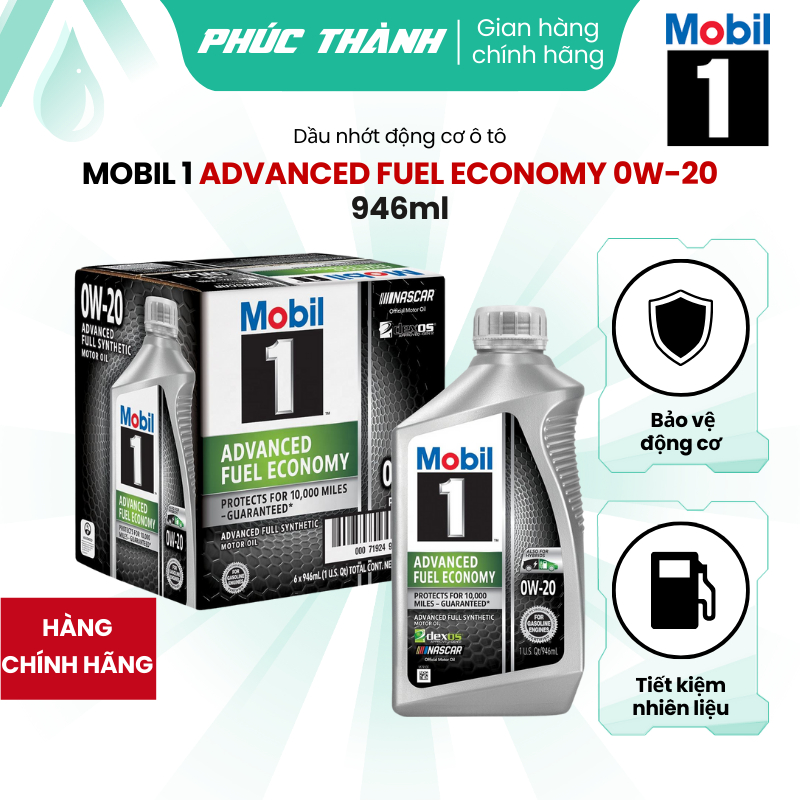 Thùng 6 Chai Dầu Nhớt Ô Tô Tổng Hợp Toàn Phần MOBIL 1 ADVANCED FUEL ECONOMY 0W20 946ml Nhập Khẩu Mỹ - Chính Hãng
