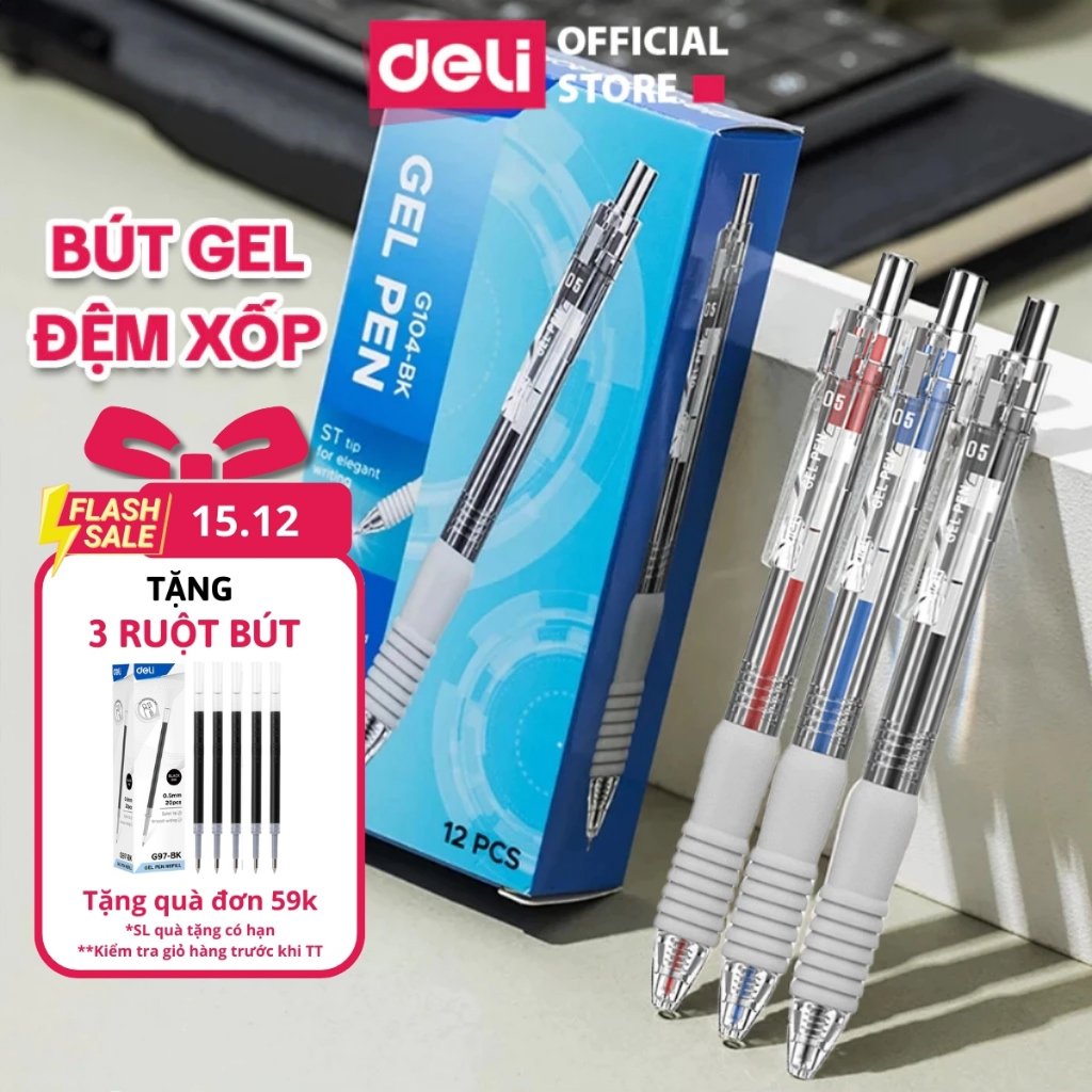 [ĐỆM TAY ÊM] Bút Gel Đệm Xốp Deli Ngòi ST 0.5mm Bi Nước Mực Xanh/Đen/Đỏ Viết Trơn Cho Học Sinh Sinh Viên Văn Phòng EG104