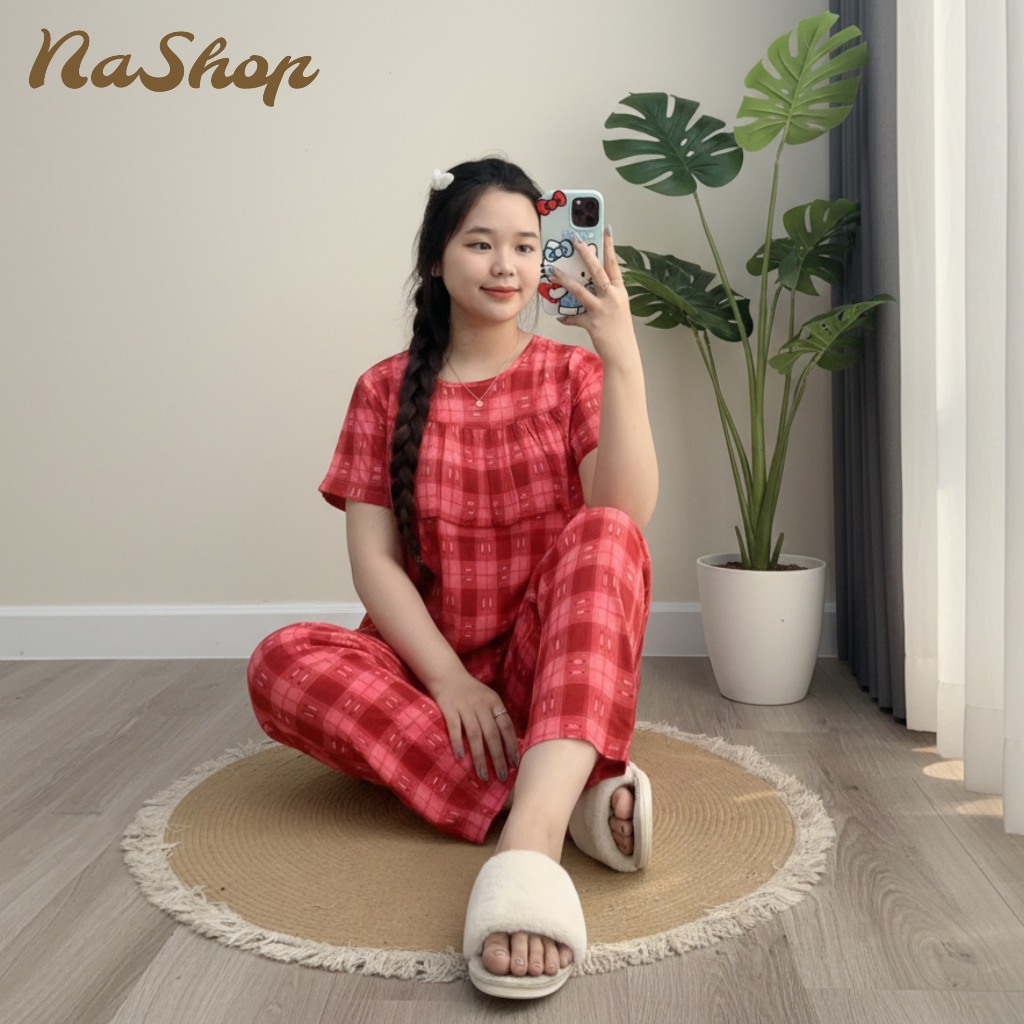 Đồ bộ tole lanh Quần dài Áo bèo ngực Tay ngắn, Chất vải mát mềm mịn Dễ mặc nhà Dễ thương 40-75kg