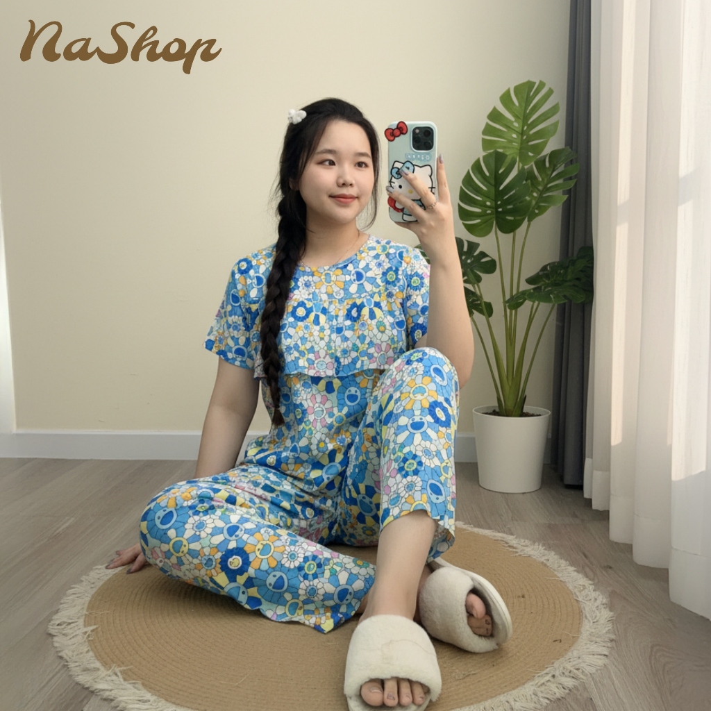 Đồ bộ tole lanh Quần dài Áo bèo ngực Tay ngắn, Chất vải mát mềm mịn Dễ mặc nhà Dễ thương 40-75kg