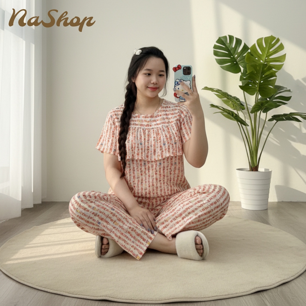 Đồ bộ tole lanh Quần dài Áo bèo ngực Tay ngắn, Chất vải mát mềm mịn Dễ mặc nhà Dễ thương 40-75kg