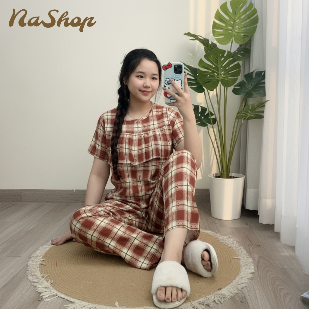 Đồ bộ tole lanh Quần dài Áo bèo ngực Tay ngắn, Chất vải mát mềm mịn Dễ mặc nhà Dễ thương 40-75kg