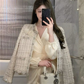 Áo khoác dạ tweed hai lớp cổ tròn cúc đính cườm phong cách tiểu thư