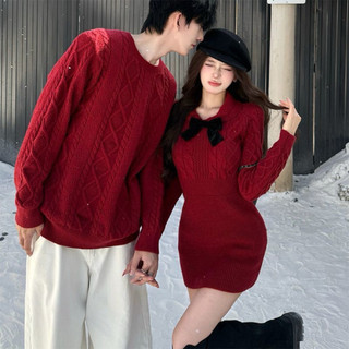 Set áo len couple đồ đôi tông đỏ tông màu lễ hội váy nữ cổ sen đính nơ