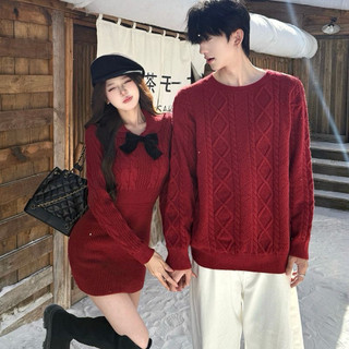 Set áo len couple đồ đôi tông đỏ tông màu lễ hội váy nữ cổ sen đính nơ