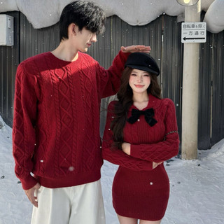 Set áo len couple đồ đôi tông đỏ tông màu lễ hội váy nữ cổ sen đính nơ