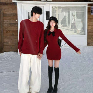Set áo len couple đồ đôi tông đỏ tông màu lễ hội váy nữ cổ sen đính nơ