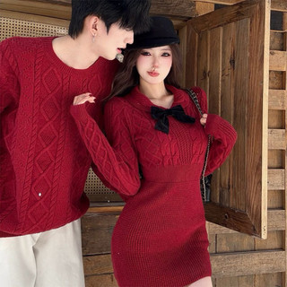 Set áo len couple đồ đôi tông đỏ tông màu lễ hội váy nữ cổ sen đính nơ