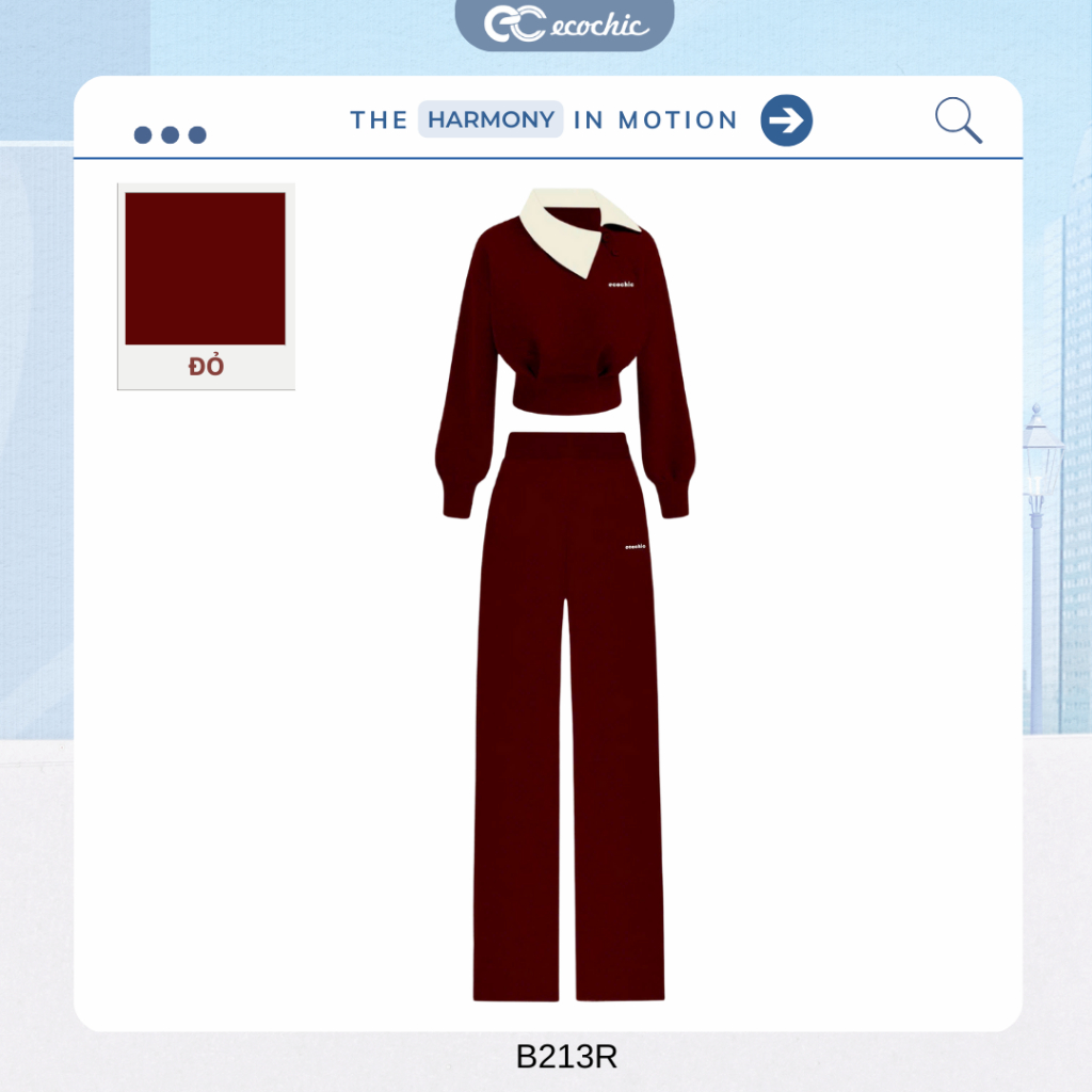 Set Bộ Cổ Nơ ECOCHIC Áo Crop Phối Cổ Nơ Nữ Tính Quần Ống Suông Chất Liệu Mềm Mịn Chính Hãng B213