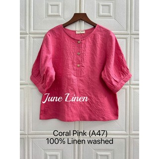 Áo kiểu nữ cổ trụ tay phồng Linen tưng washed. JUNE LINEN #A47