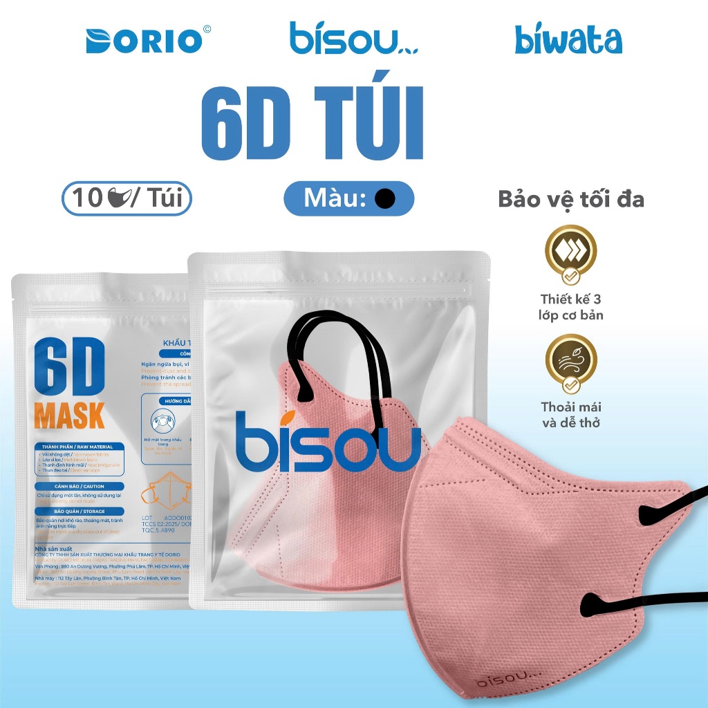 Combo 10 túi khẩu trang cao cấp 6D hiệu BISOU