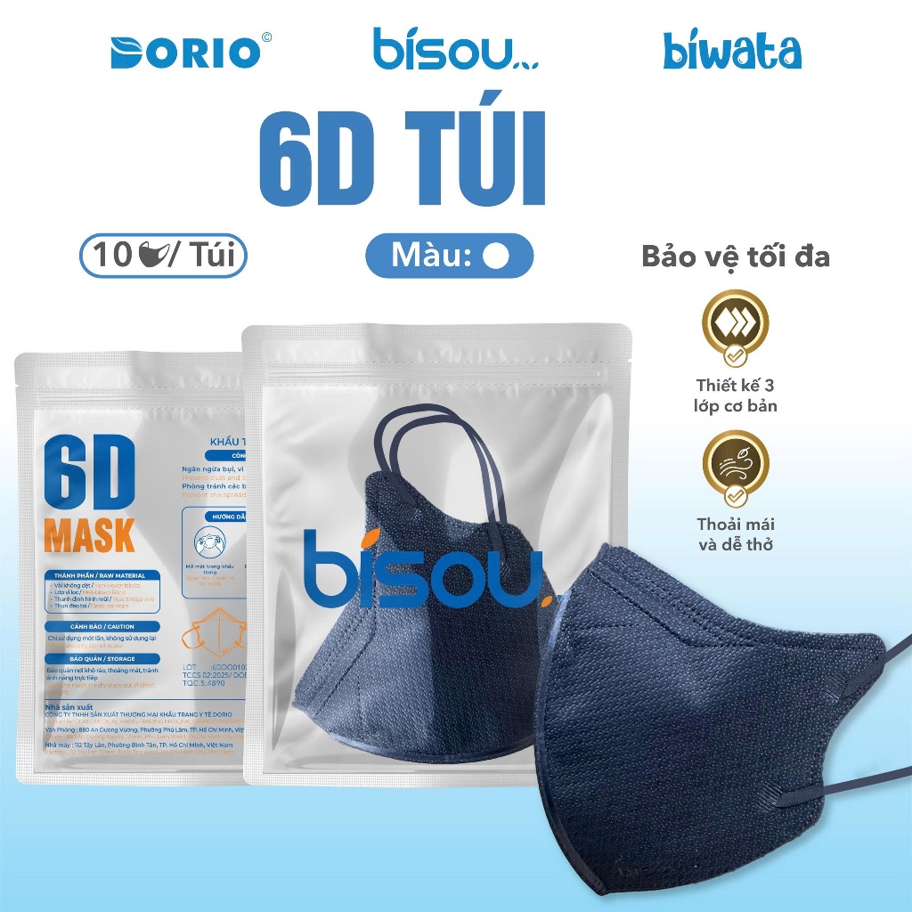 Túi 10 cái khẩu trang cao cấp 6D hiệu BISOU