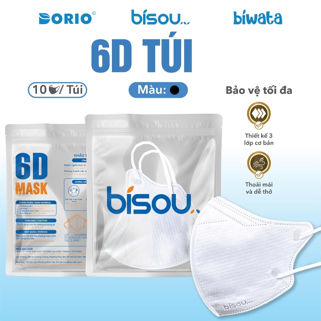 Túi 10 cái khẩu trang cao cấp 6D hiệu BISOU