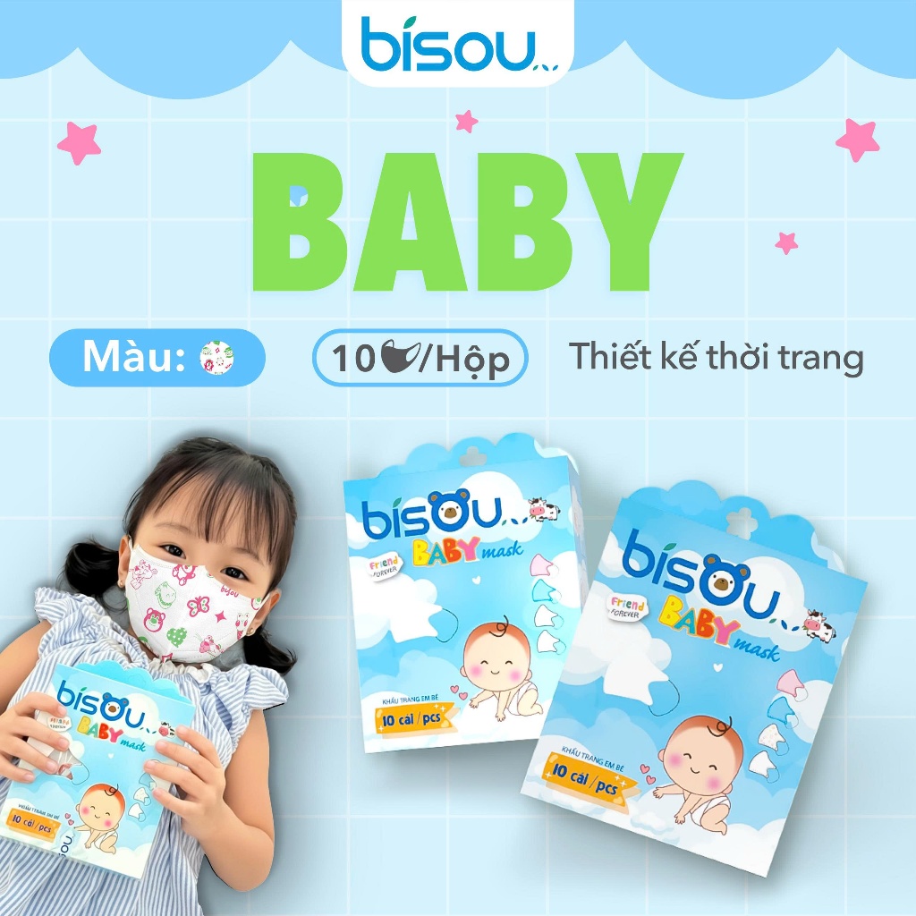 Hộp 10 cái khẩu trang 3D Bisou hoạ tiết dành cho bé từ 2-5 tuổi
