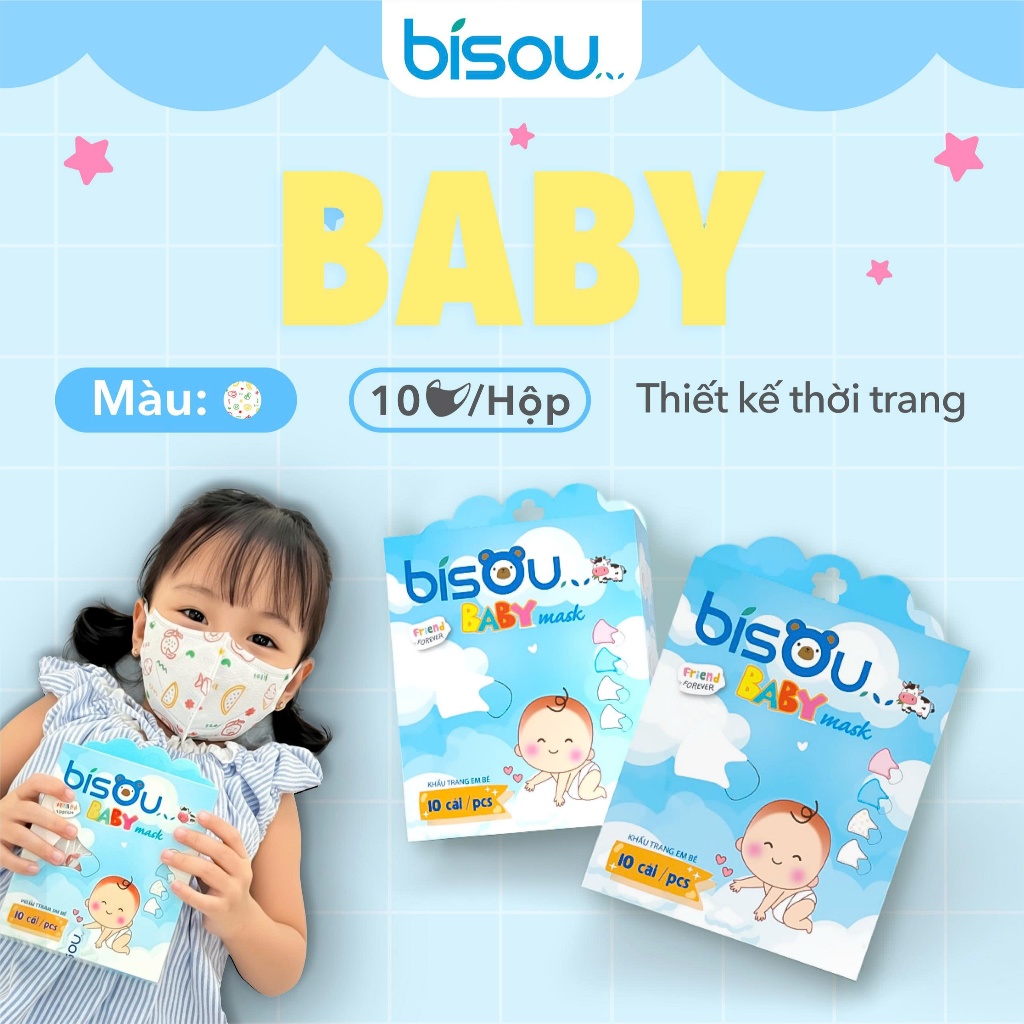 Hộp 10 cái khẩu trang 3D Bisou hoạ tiết dành cho bé từ 2-5 tuổi