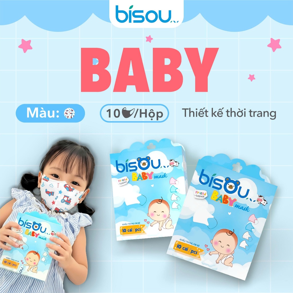 Hộp 10 cái khẩu trang 3D Bisou hoạ tiết dành cho bé từ 2-5 tuổi