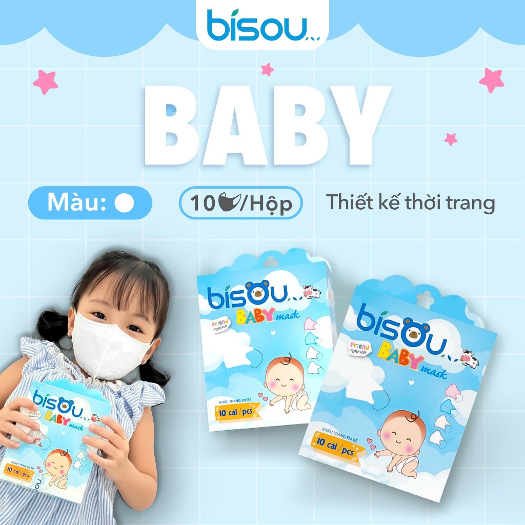 Hộp 10 cái khẩu trang 3D Bisou hoạ tiết dành cho bé từ 2-5 tuổi