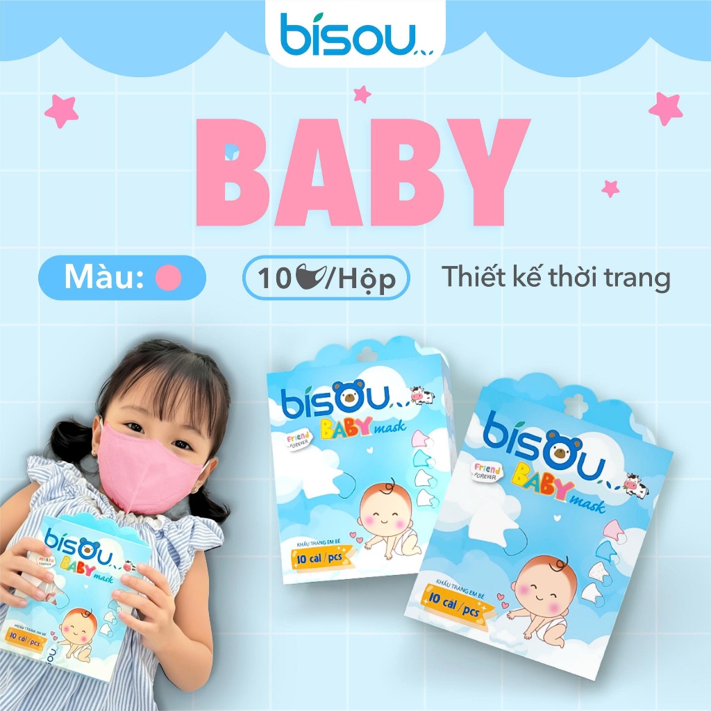 Hộp 10 cái khẩu trang 3D Bisou hoạ tiết dành cho bé từ 2-5 tuổi