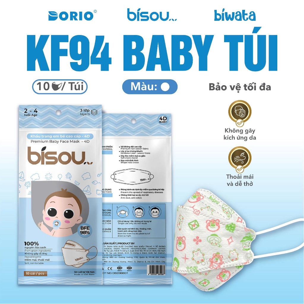 Túi 10 cái khẩu trang cao cấp KF94 Baby Bisou hoạ tiết dành cho bé từ 2-5 tuổi