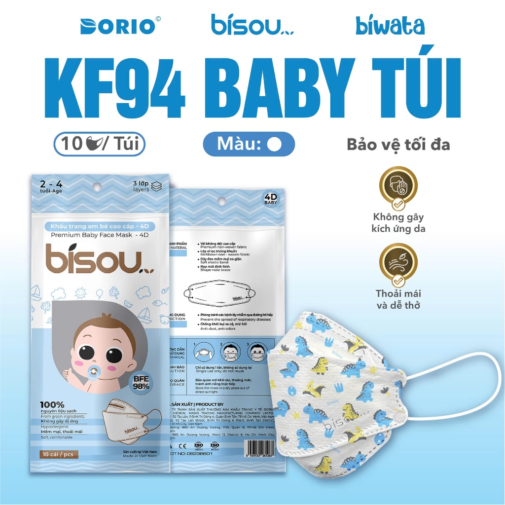 Túi 10 cái khẩu trang cao cấp KF94 Baby Bisou hoạ tiết dành cho bé từ 2-5 tuổi