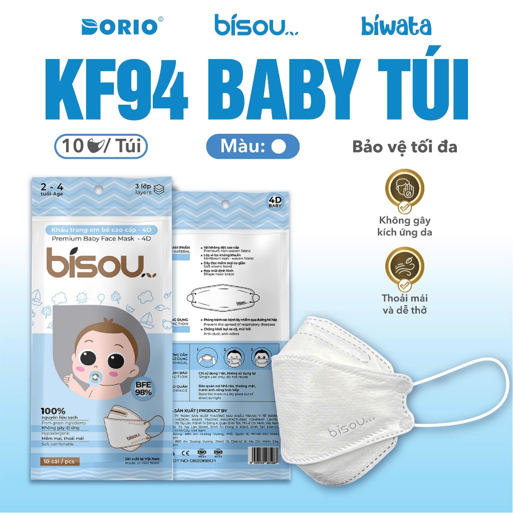 Túi 10 cái khẩu trang cao cấp KF94 Baby Bisou hoạ tiết dành cho bé từ 2-5 tuổi