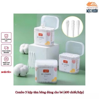 Combo 3 [Dùng cho bé] Hộp 400 tăm bông 2 đầu dùng cho các bé - kháng khuẩn, mềm mịn, không sơ bông