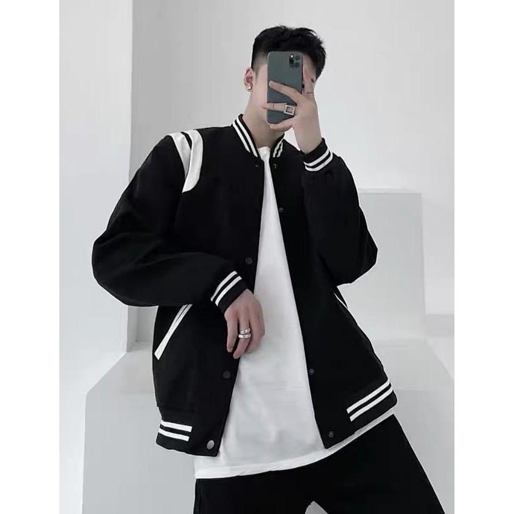 Áo khoác bomber sọc vai nữ nam form rộng dáng dài unisex màu Đen,Xám dài tay Bốn mùa đông hạ k1
