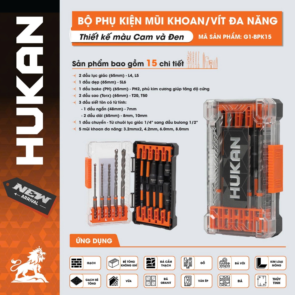 Bộ phụ kiện 15 chi tiết HUKAN  G1-BPK015, Mũi khoan, Mũi vít bake, Vít tôn, Chuyển vít sang Bulong