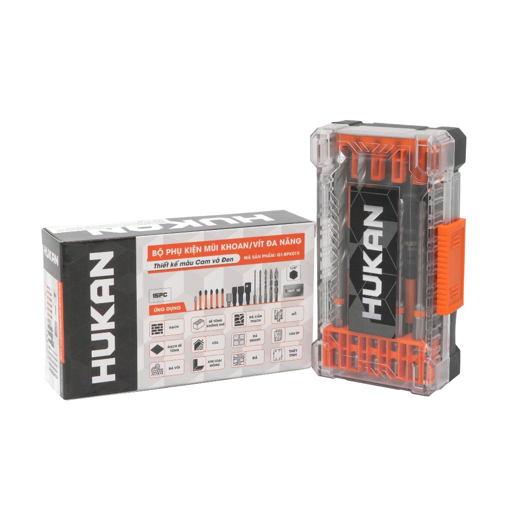 Bộ phụ kiện 15 chi tiết HUKAN  G1-BPK015, Mũi khoan, Mũi vít bake, Vít tôn, Chuyển vít sang Bulong