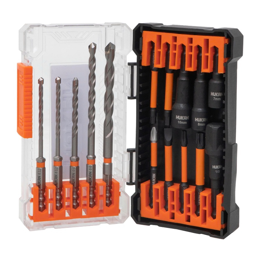 Bộ phụ kiện 15 chi tiết HUKAN  G1-BPK015, Mũi khoan, Mũi vít bake, Vít tôn, Chuyển vít sang Bulong