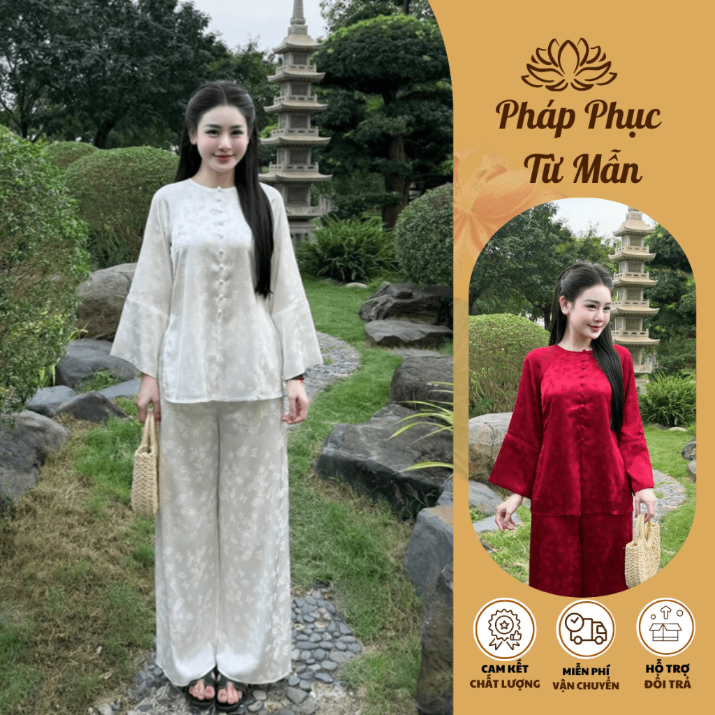 Bộ bà ba cổ tròn đính cúc bọc lụa gấm Trúc quạt Pháp phục đi chùa cách tân dáng xuông dài tay mềm mịn Thanh lịch-TK