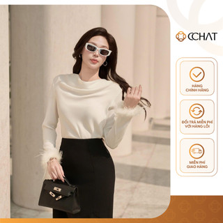 Áo Kiểu Nữ 𝐂𝐂𝐇𝐀𝐓 Dáng Suông Cổ Đổ Đính Lông Chất Liệu Lụa Mát 24ADL8005ST