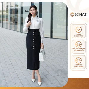 Chân Váy 𝐂𝐂𝐇𝐀𝐓 Dáng Ôm Bút Chì Nẹp Cúc Chất Liệu Tuytsi Cao Cấp 24CDS2041OT