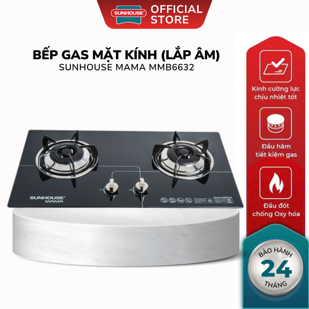 Bếp Gas Âm Kính SUNHOUSE MAMA MMB6632 - Bảo Hành 2 Năm Tại Nhà, Mặt Kính Âm.
